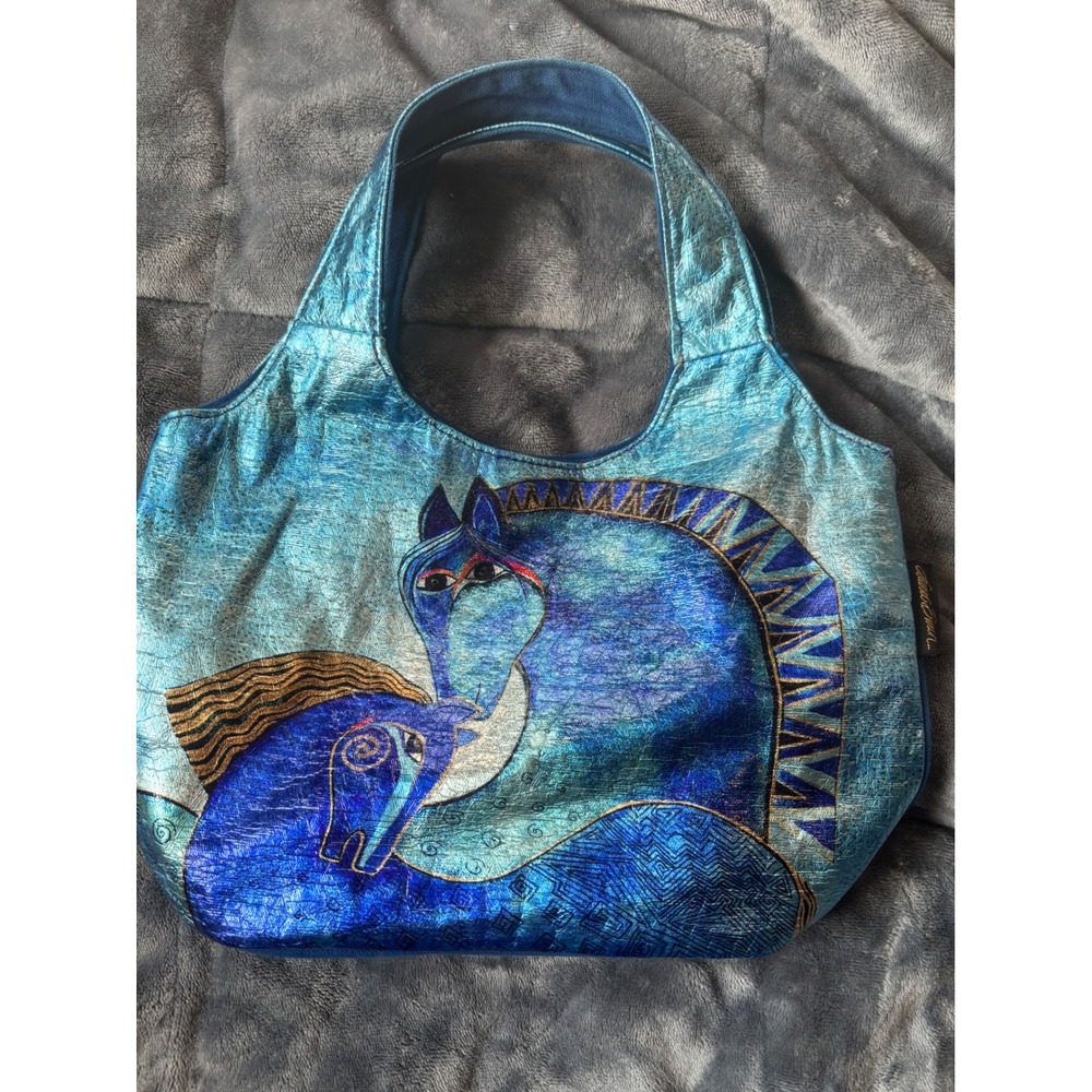 Laurel Burch Mystical Horses Metallic Blue Tote Bag Artistic Canvas Handbag